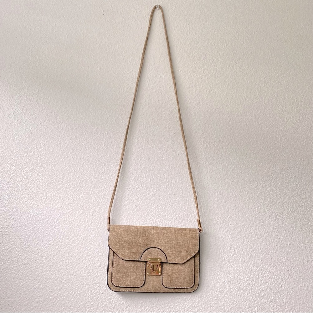 Tan, Black and gold Square Crossbody With Removable Strap